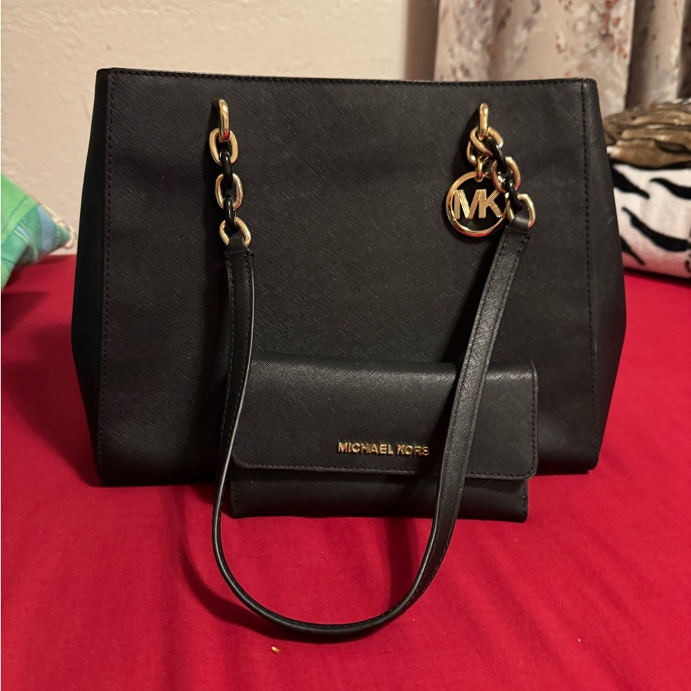 Michael Kors Black Shoulder Bag with Gold Accents